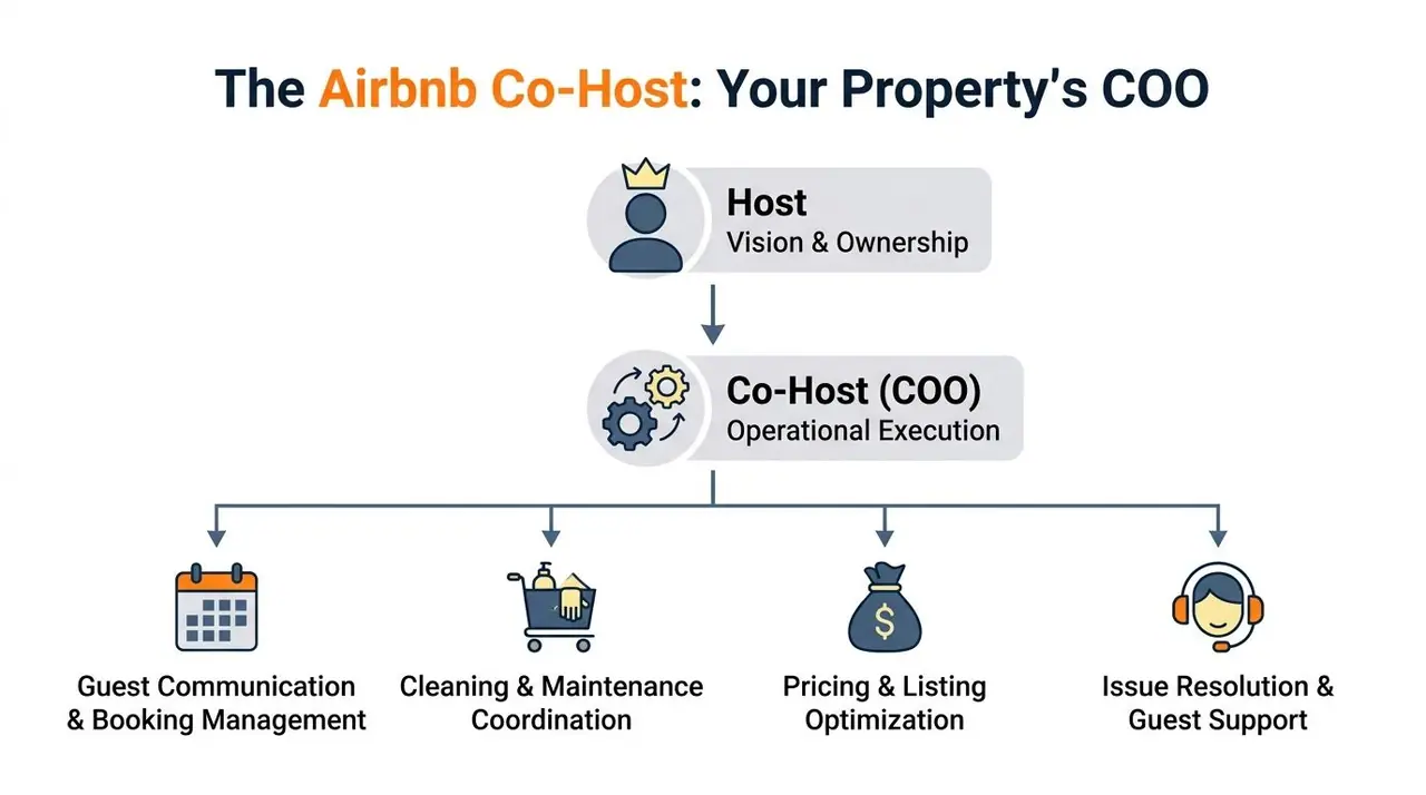 Un diagramma che illustra i ruoli e le responsabilità di un host Airbnb e del suo partner operativo co-host.