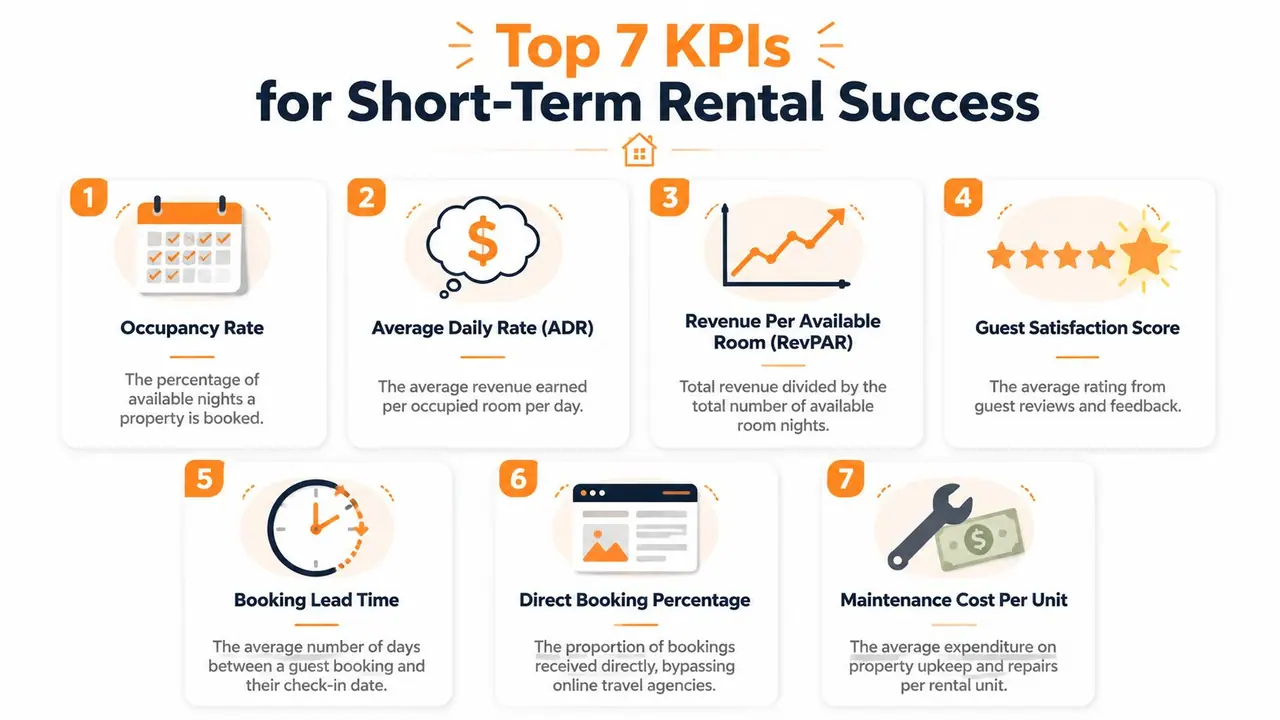 An infographic showing the top seven key performance indicators essential for successful short-term rental property management.