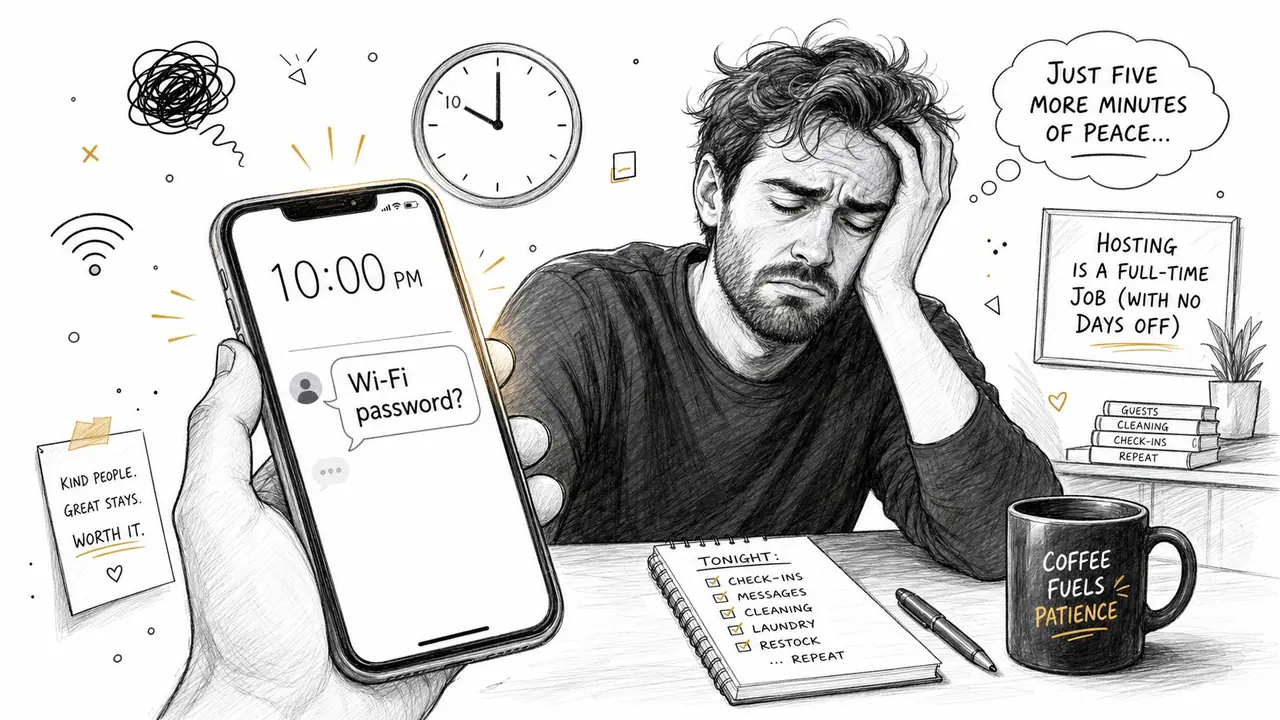 A tired Airbnb host exhausted by late night guest requests while managing a busy rental schedule.
