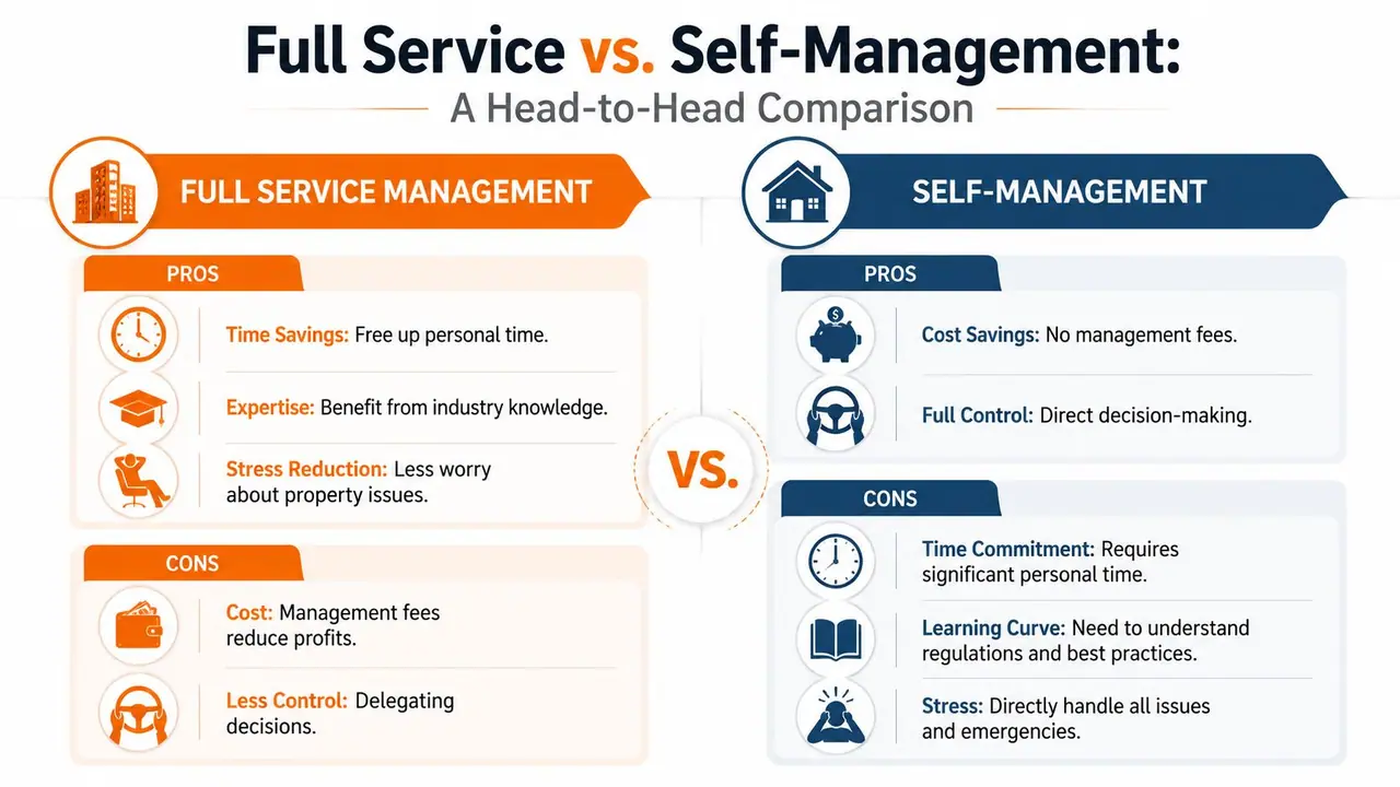 A comparison infographic showing pros and cons of full service management versus self-management for property owners.