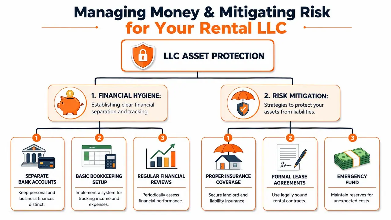 An infographic titled Managing Money & Mitigating Risk for Your Rental LLC, outlining asset protection strategies.
