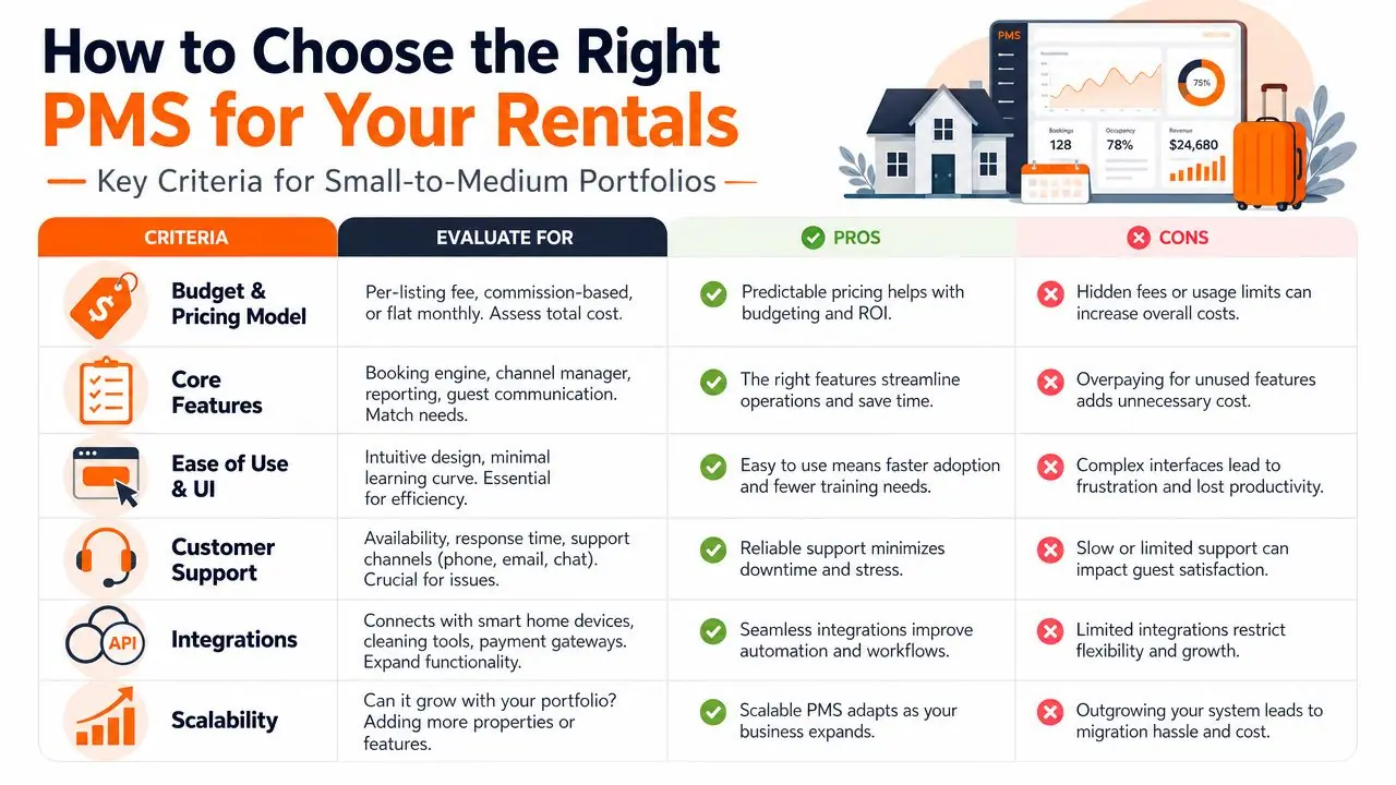 An infographic titled How to Choose the Right PMS for Your Rentals, outlining key evaluation criteria for property management systems.