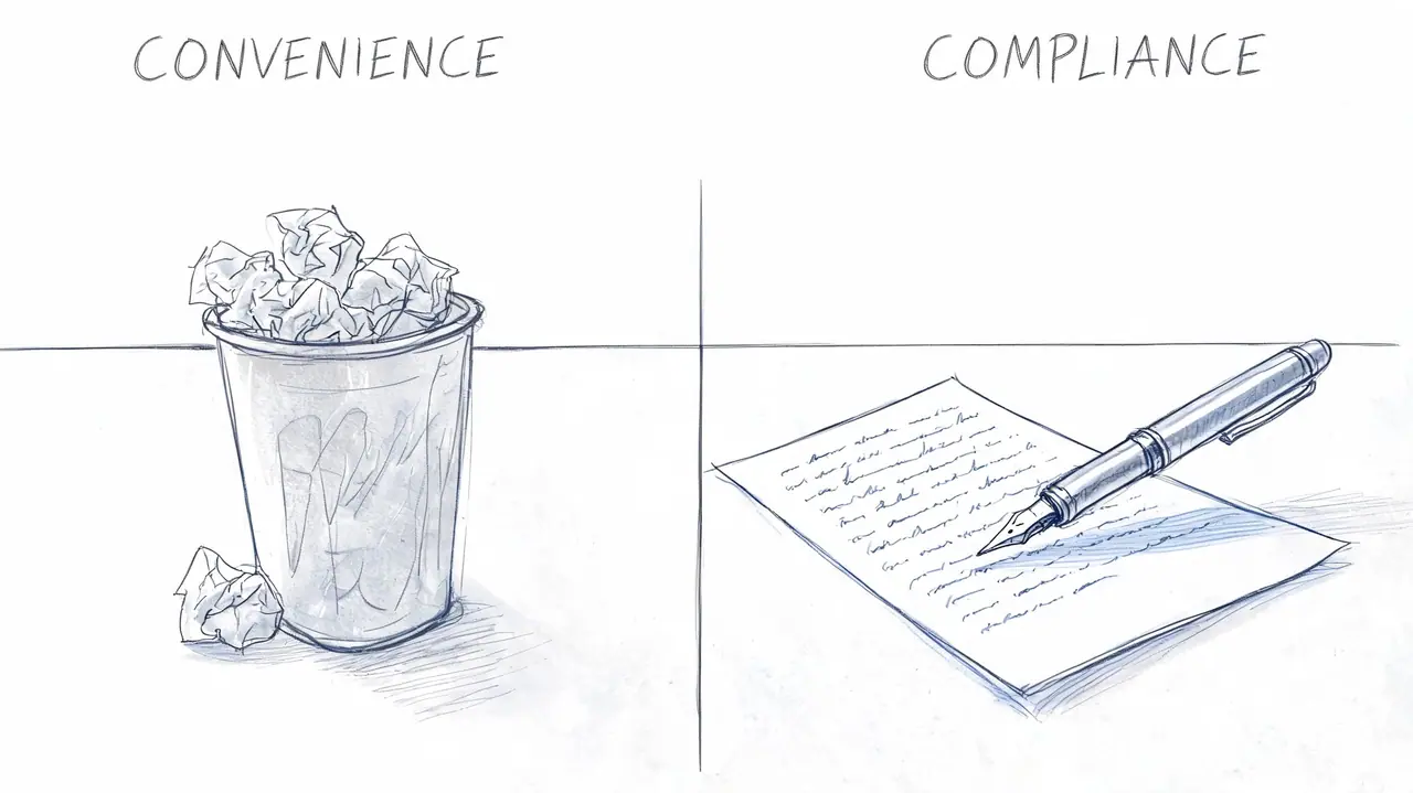 A split illustration comparing a trash bin filled with crumpled papers to a signed contract and pen.