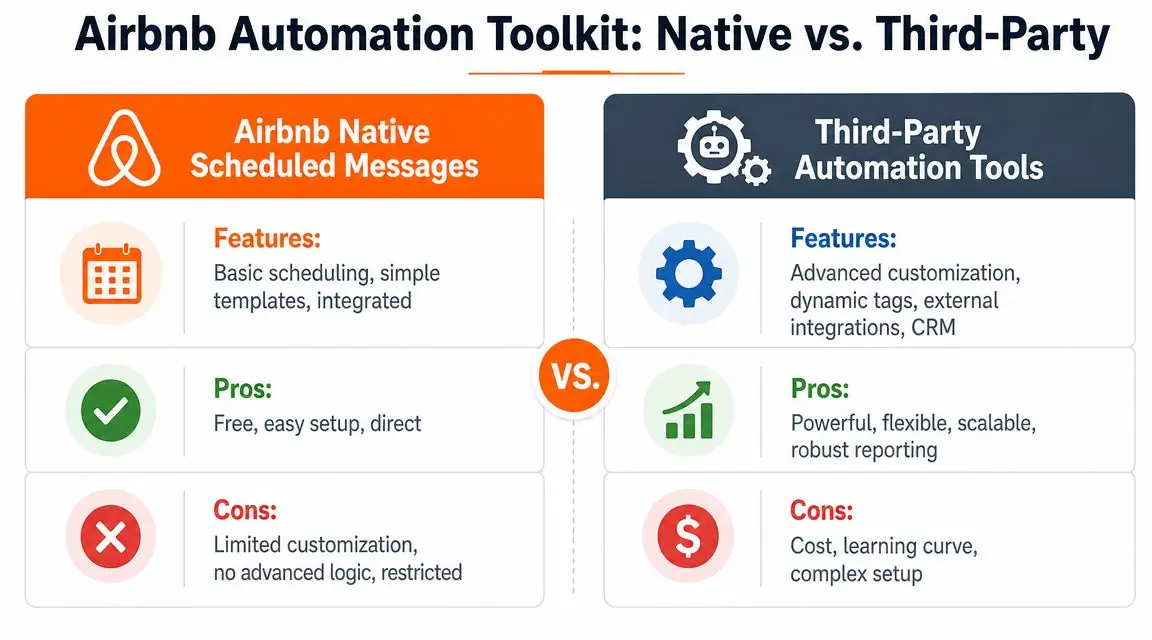 A comparison chart showing features, pros, and cons of Airbnb native scheduled messages versus third-party automation tools.