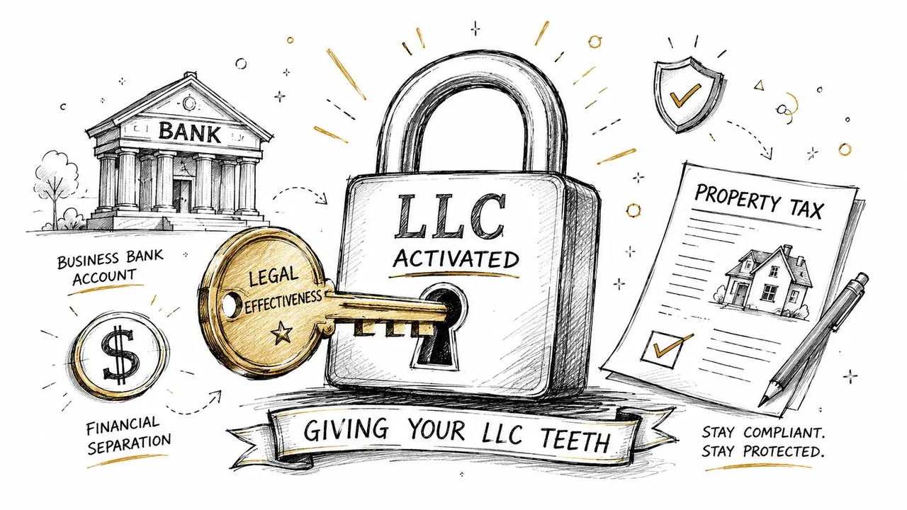 A hand-drawn illustration showing a padlock, a key, a bank building, and tax forms symbolizing LLC protection.