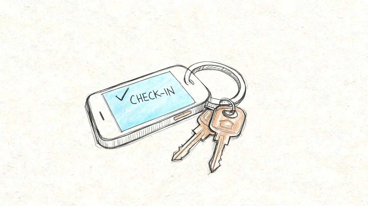 A hand-drawn illustration of a smartphone on a keyring with keys, displaying a check-in confirmation.