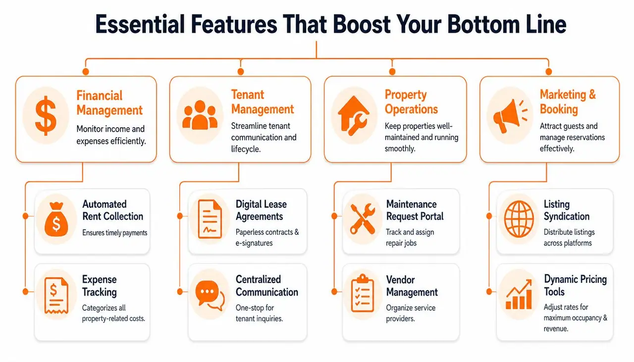 A diagram outlining essential features for property management software, including financial, tenant, operations, and marketing tools.