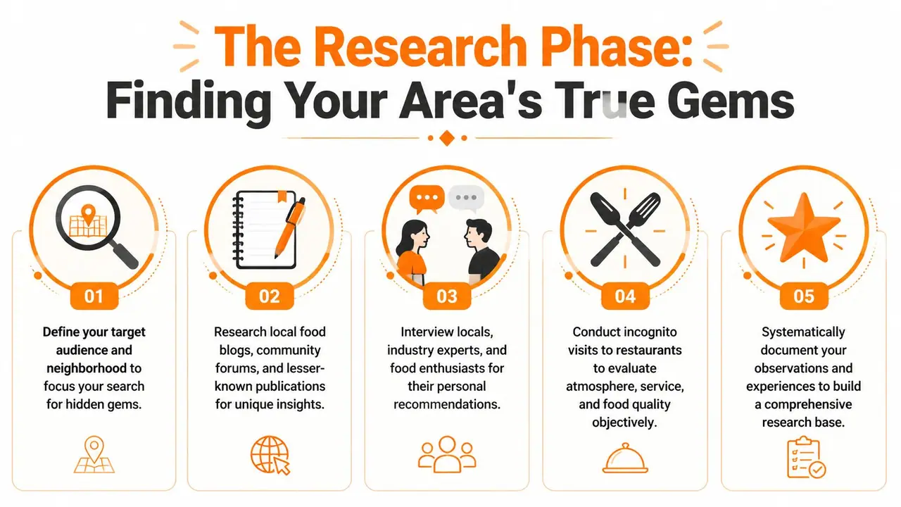 A five-step infographic showing the research phase for finding restaurant hidden gems in a neighborhood.