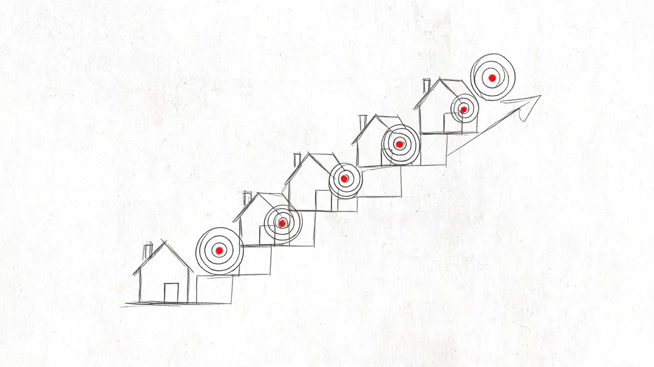 Eine konzeptionelle Strichzeichnung von Häusern, die auf einem Diagramm mit Zielsymbolen steigen, um den Erfolg von Immobilien darzustellen.