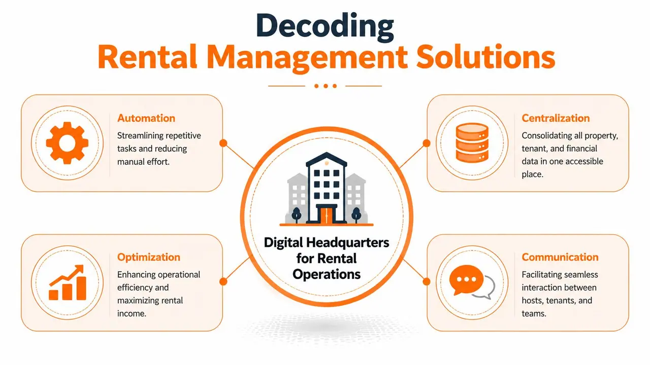 A diagram illustrating the four key pillars of rental management solutions: automation, centralization, optimization, and communication.