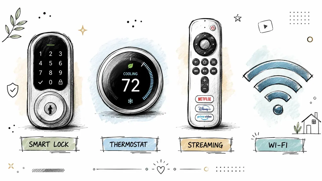 A line art illustration showing four smart home icons including a lock, thermostat, streaming remote, and Wi-Fi symbol.