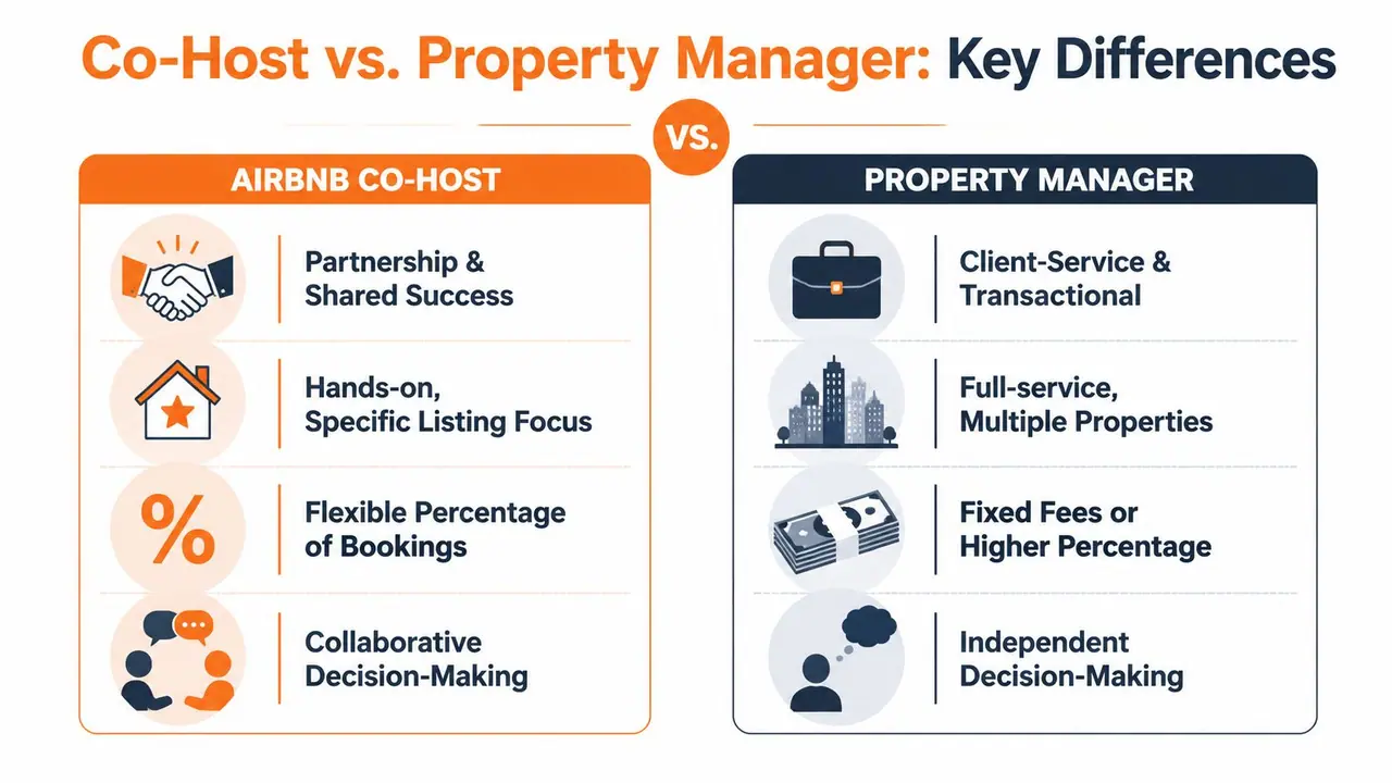 Un grafico di confronto che illustra le differenze chiave tra un co-host Airbnb e un property manager professionale.
