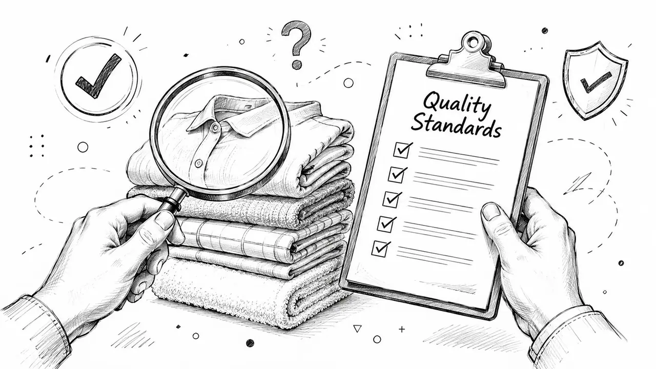 A hand-drawn illustration showing a person checking folded laundry and quality standards on a clipboard checklist.