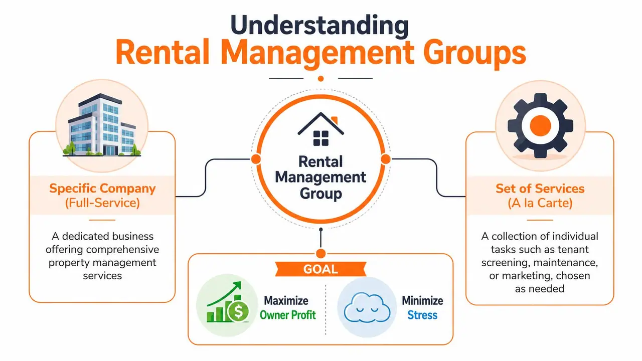 An infographic illustrating Rental Management Groups with full-service companies, a la carte services, and core goals.
