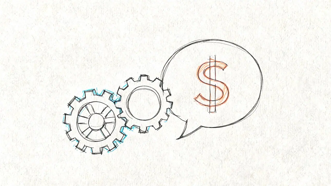 A hand-drawn sketch of two interlocking gears connected to a speech bubble containing a dollar sign symbol.