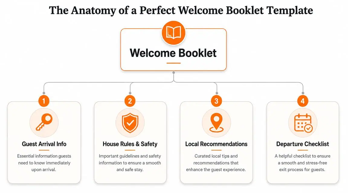 A flowchart infographic titled The Anatomy of a Perfect Welcome Booklet Template for vacation rentals.