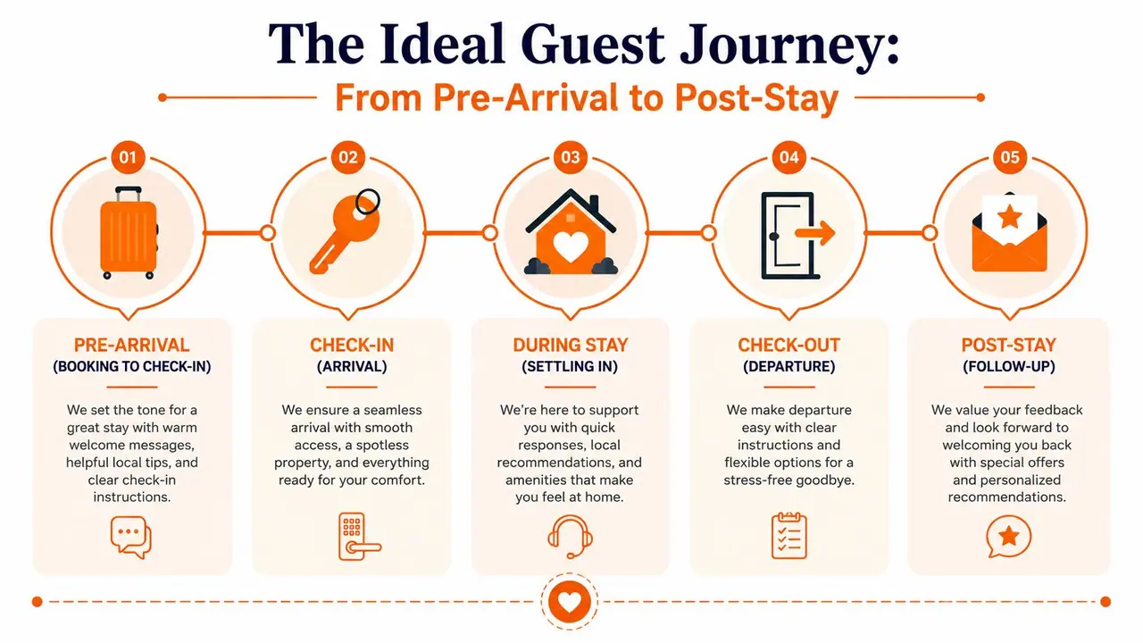 An infographic titled The Ideal Guest Journey showing five steps from pre-arrival to post-stay for hosts.