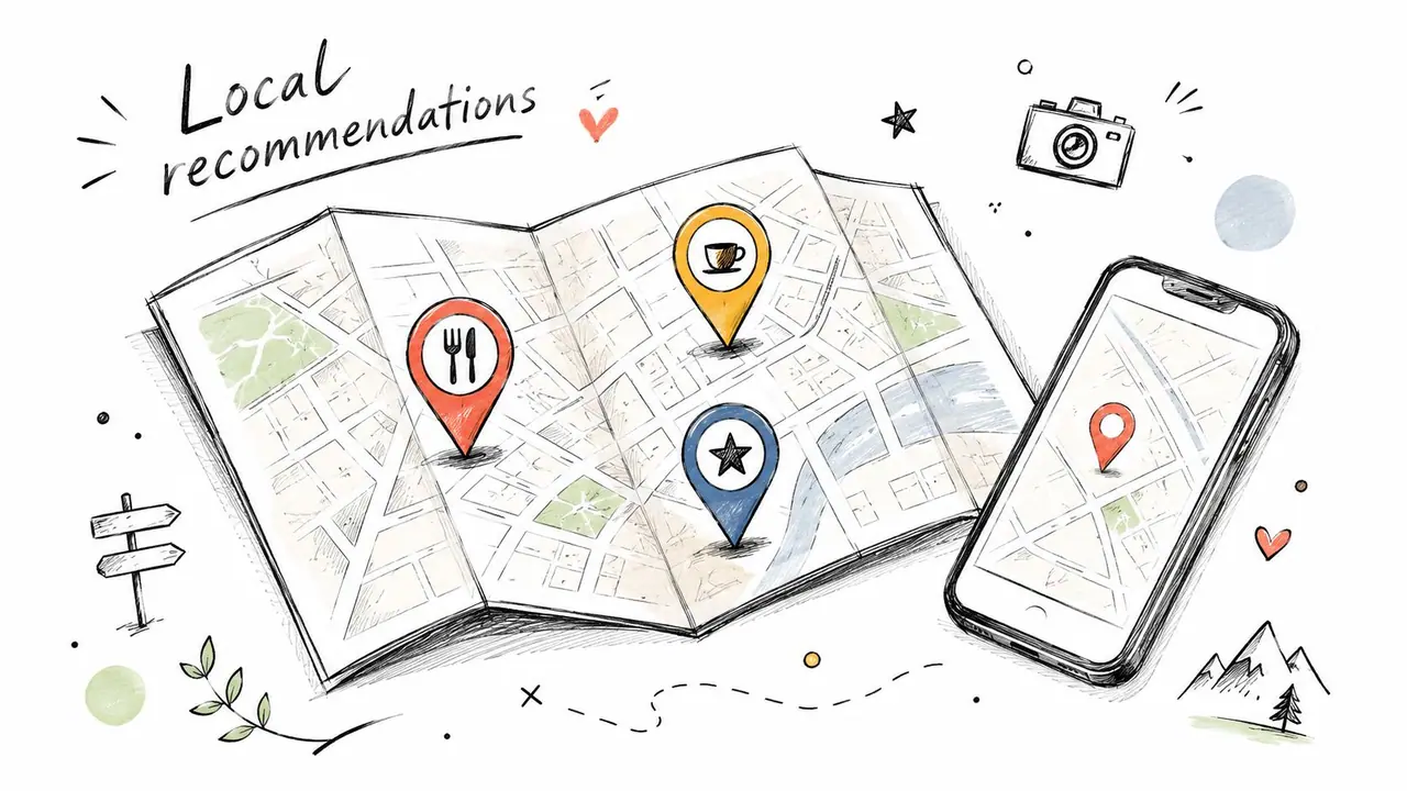 Eine handgezeichnete Illustration, die eine Papierkarte mit Standort-Pins und ein Smartphone mit Navigation zeigt.