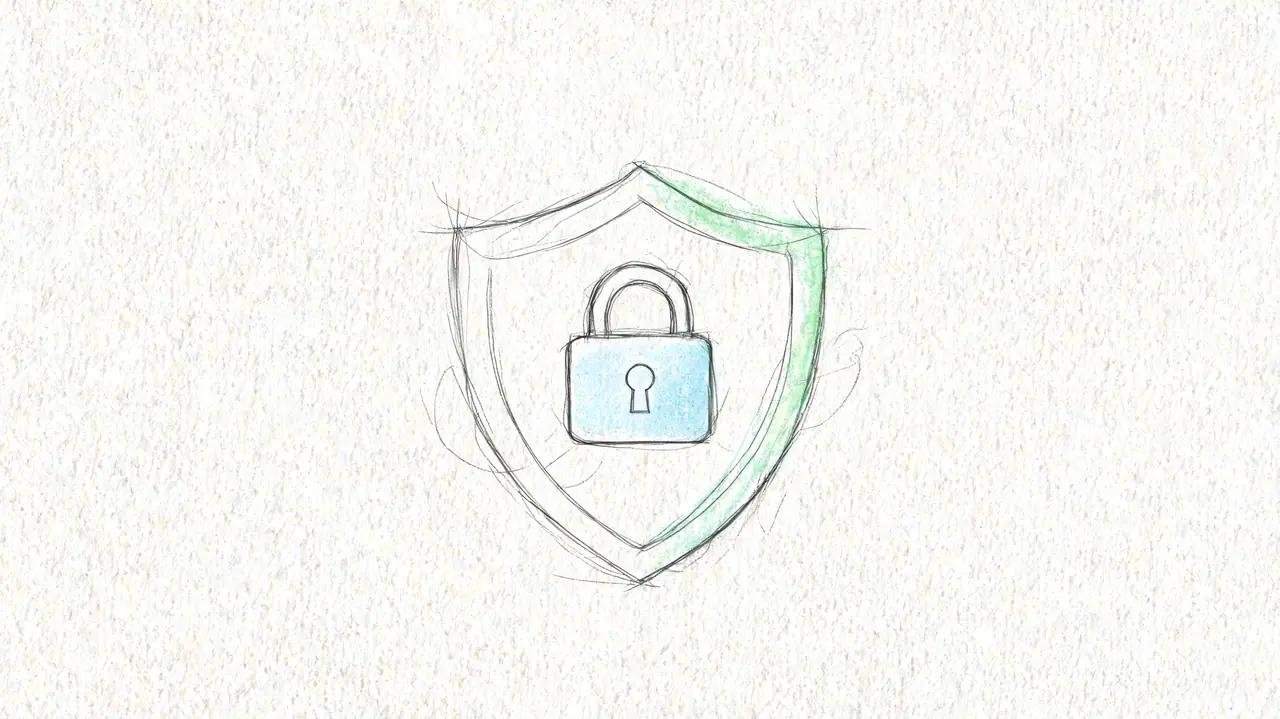 A hand-drawn sketch of a protective shield icon featuring a blue padlock in the center