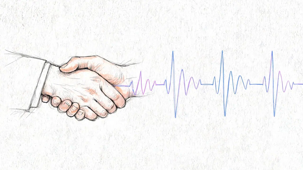 A pencil sketch of two hands shaking, transitioning into a blue digital heartbeat line on white paper.