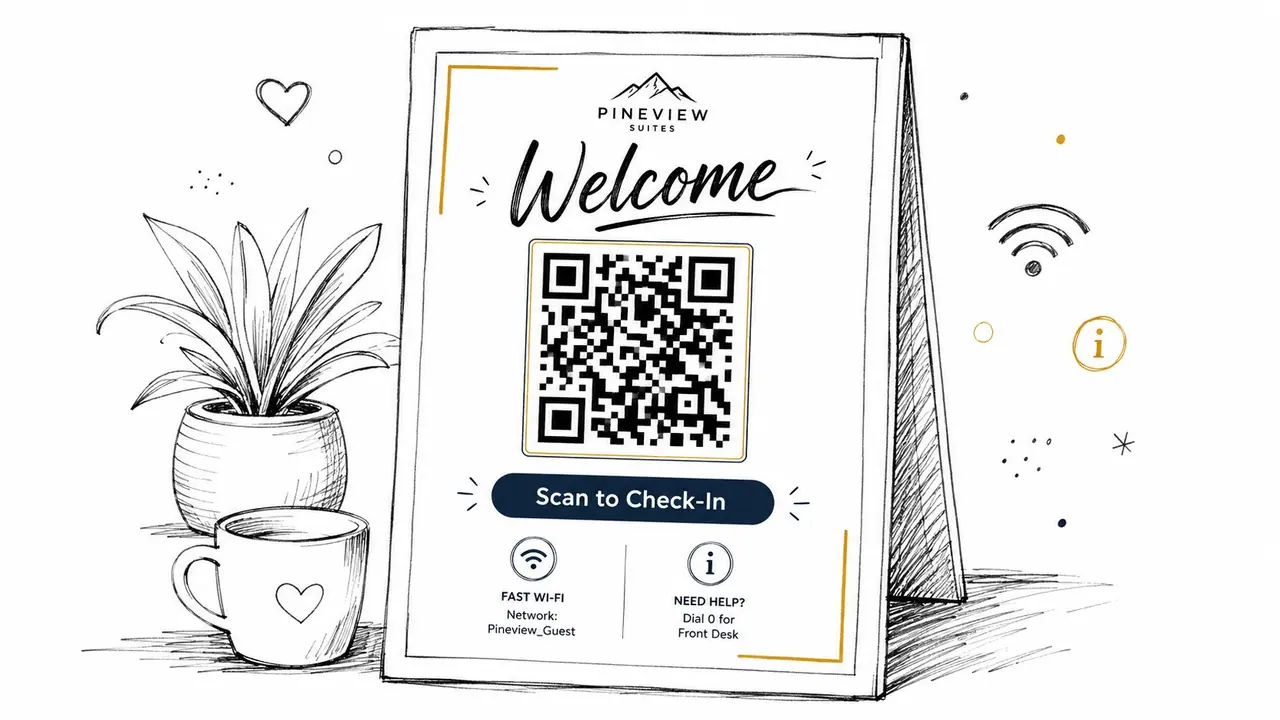 A digital sign for Pineview Suites with a QR code for guest check-in and Wi-Fi instructions.