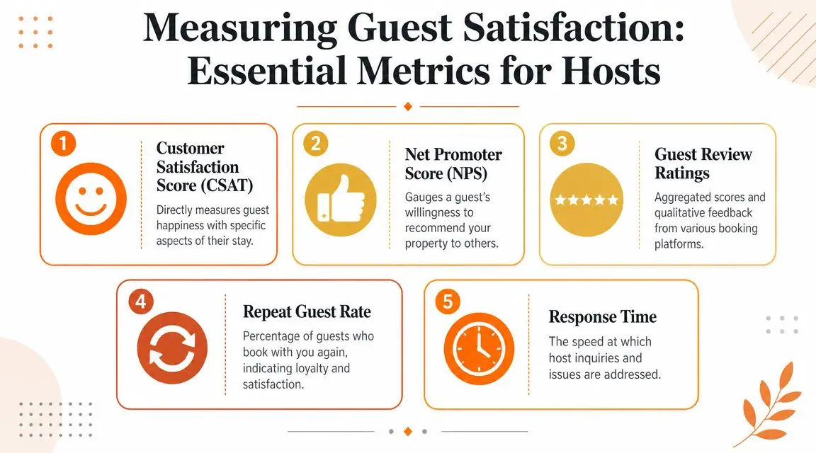 An infographic listing five essential guest satisfaction metrics for property hosts including CSAT, NPS, and response time.