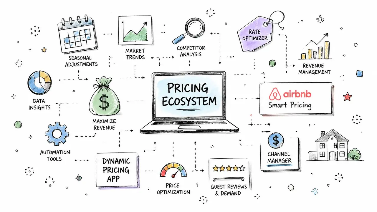 An illustrated infographic explaining the components and workflow of an Airbnb smart pricing ecosystem.