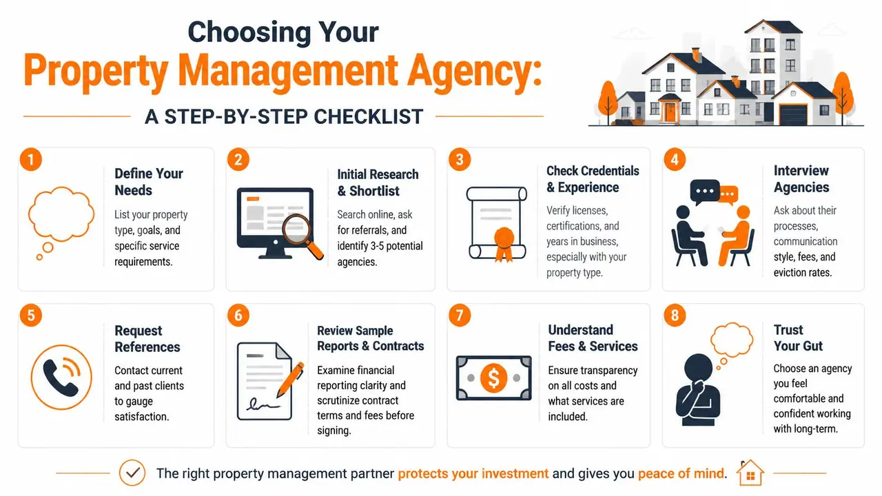 An eight-step checklist for choosing a property management agency for your real estate investment needs.