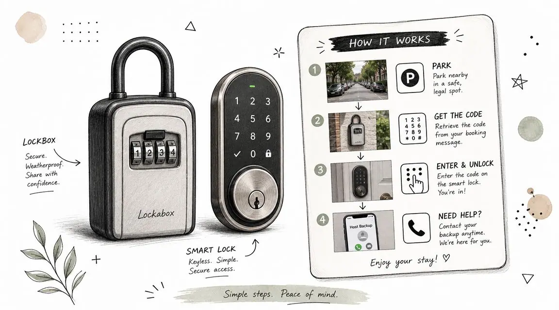 A diagram illustrating a four-step check-in process for guests using a lockbox and a smart lock.