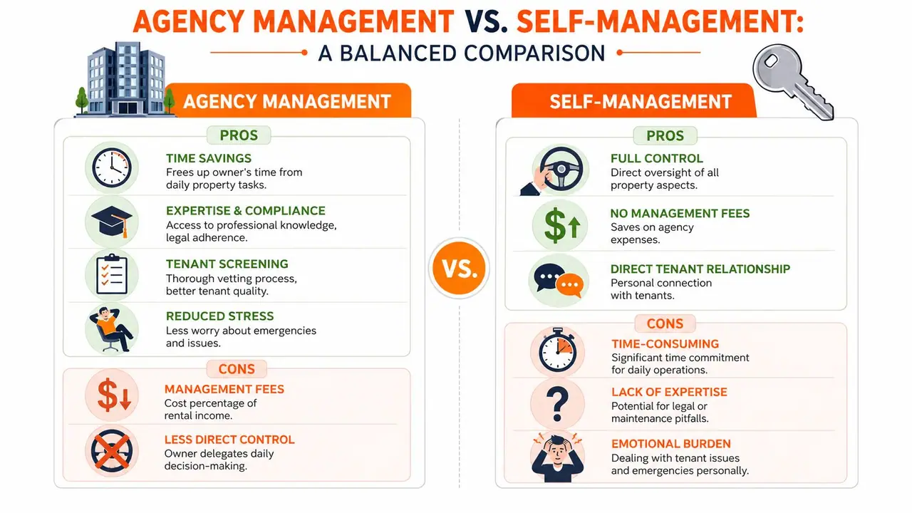 A comparison infographic between agency property management and self-management, detailing pros and cons for each approach.