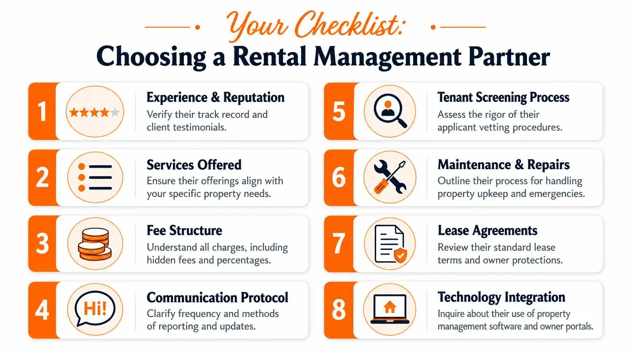 An infographic checklist for property owners on how to choose a professional rental management partner.