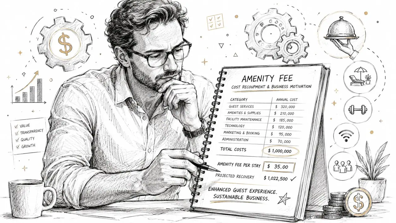 A professional man reviewing a notebook illustrating the breakdown of amenity fee costs and business recovery projections.
