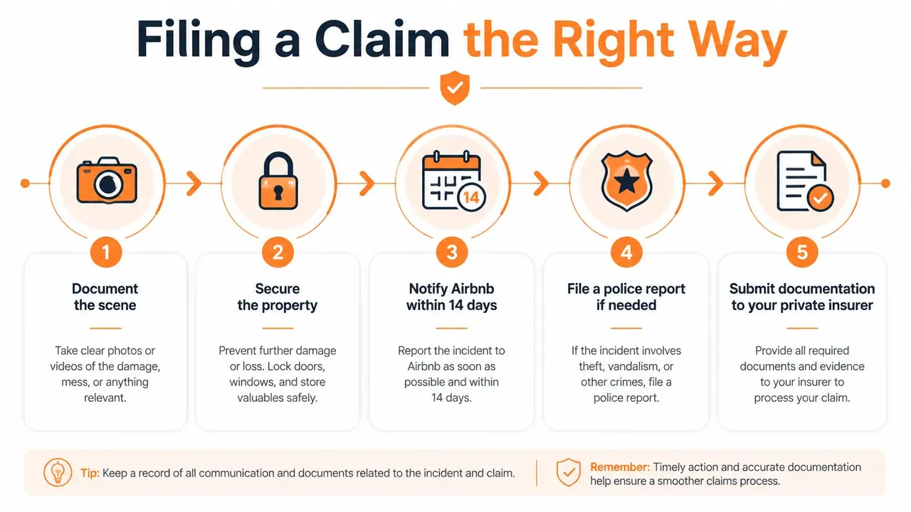 A five-step infographic showing how Airbnb hosts should file an insurance claim following an incident.