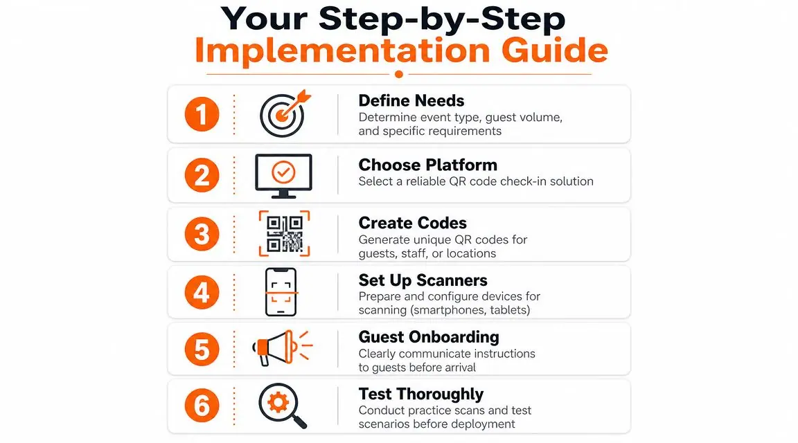 A step-by-step infographic titled Your Step-by-Step Implementation Guide for a QR code check-in system.