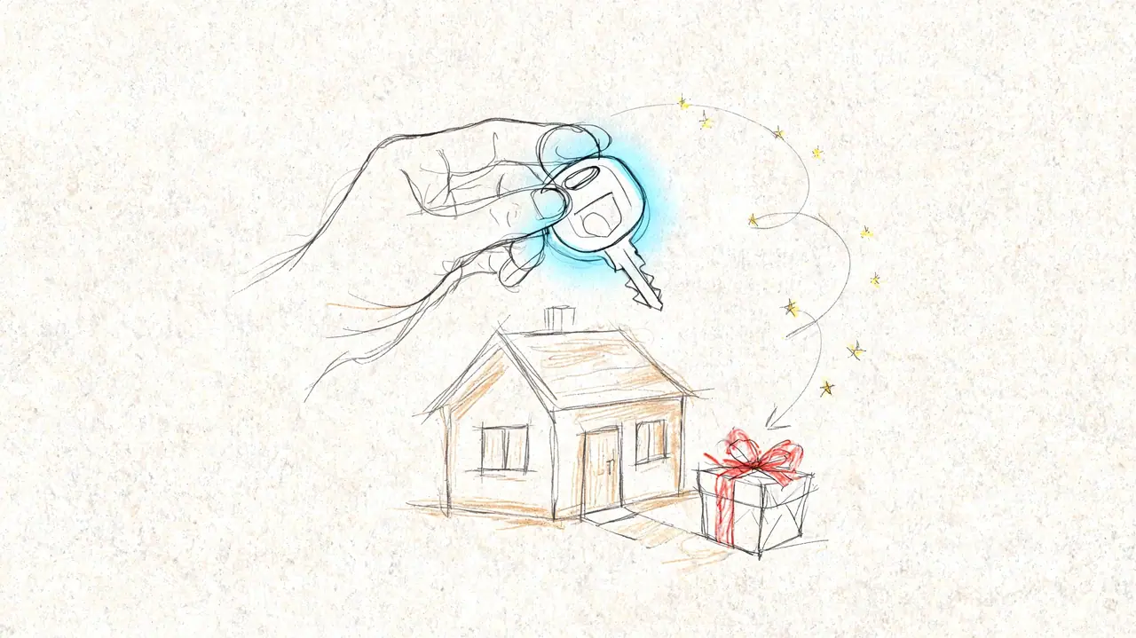 A hand holding a house key above a sketch of a small house with a gift box.