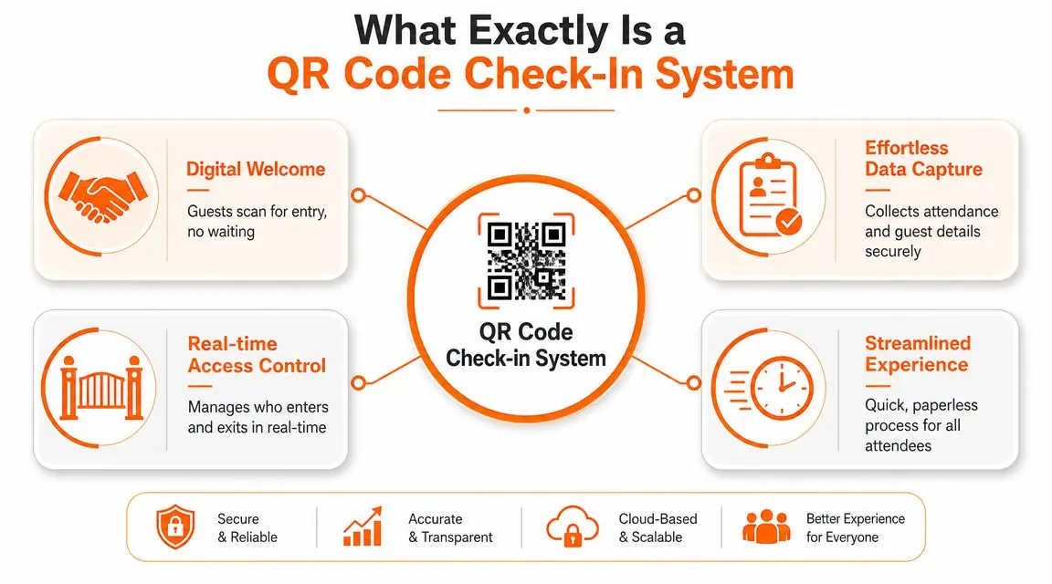 A diagram illustrating the benefits and functionality of a modern digital QR code check-in system for events.