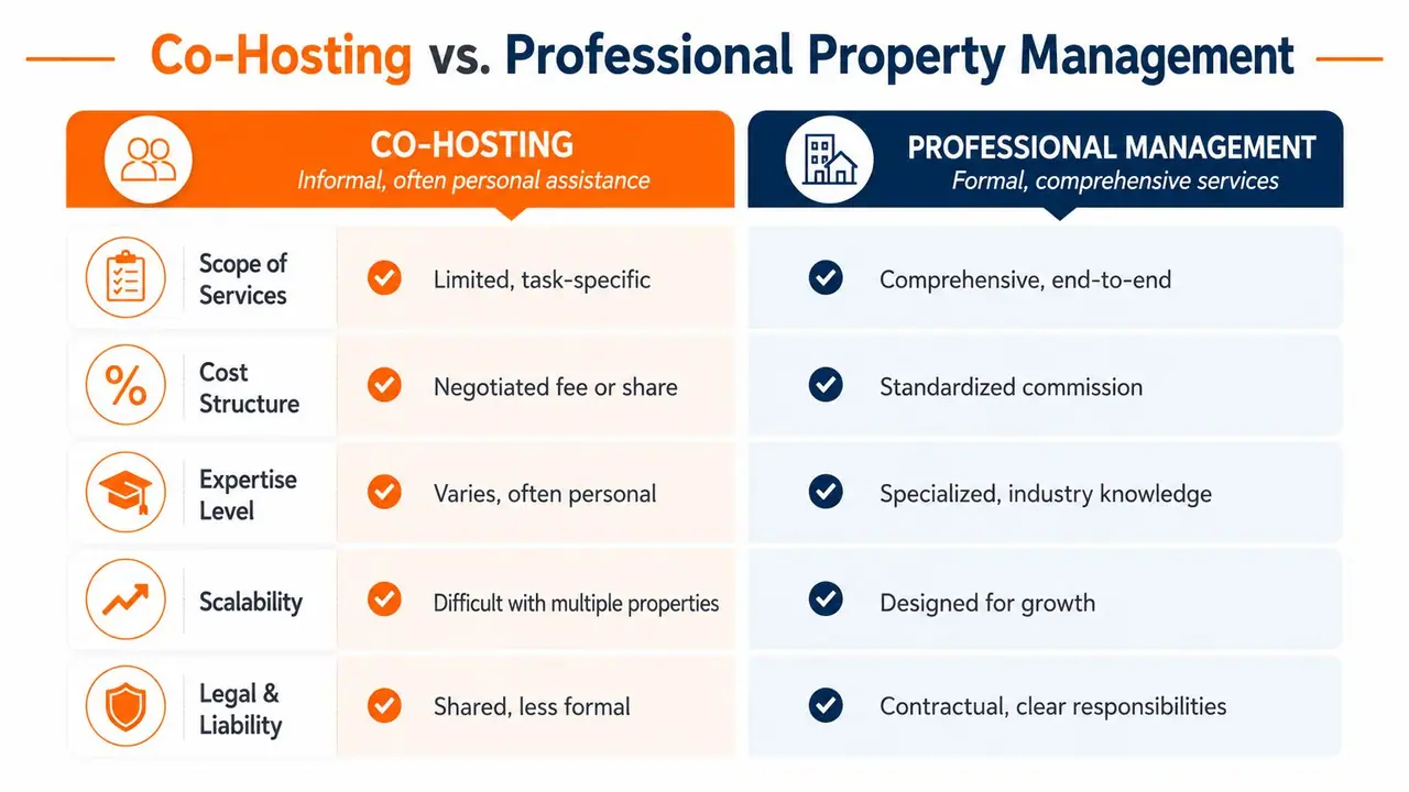 A comparison chart outlining the differences between co-hosting services and professional property management in the vacation rental industry.