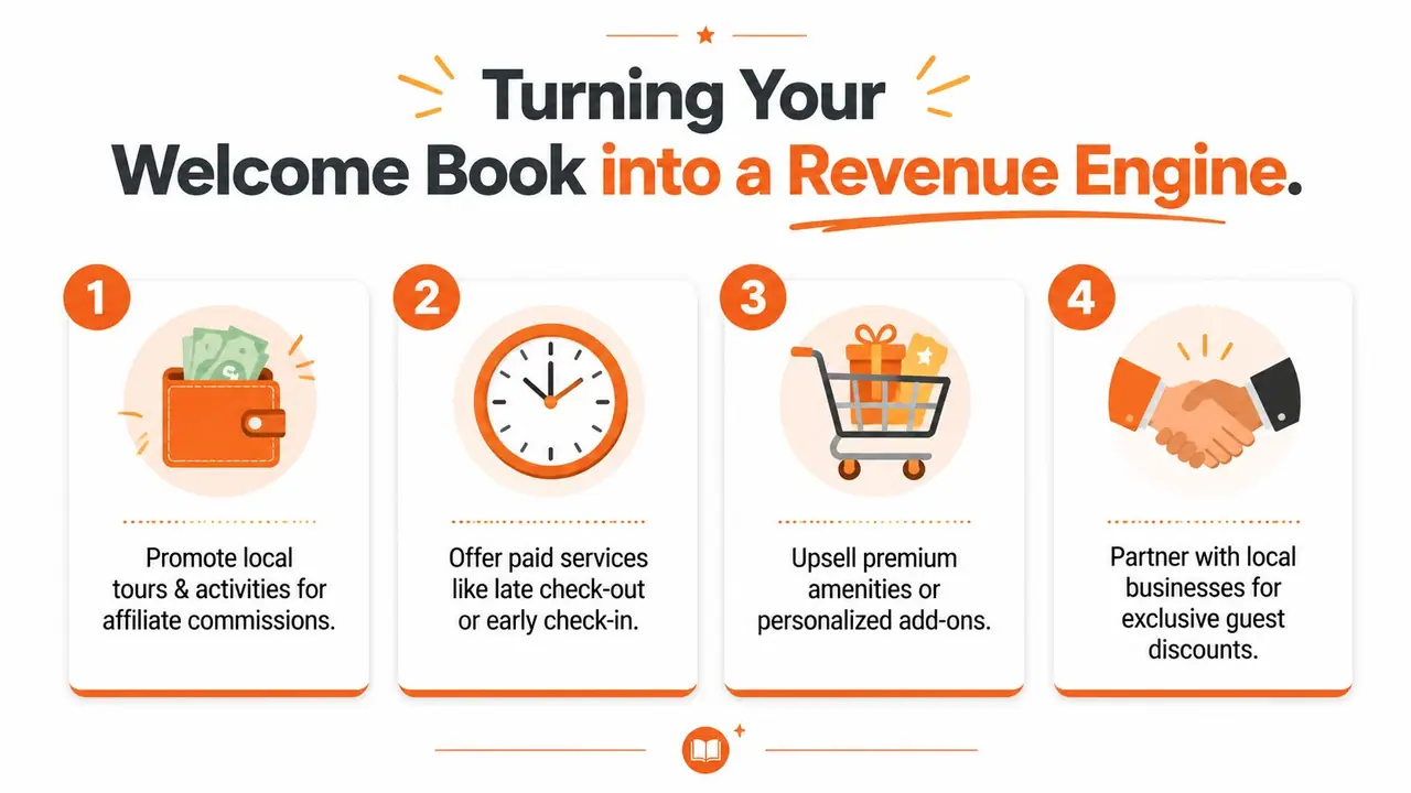 An infographic titled Turning Your Welcome Book into a Revenue Engine with four numbered business growth tips.