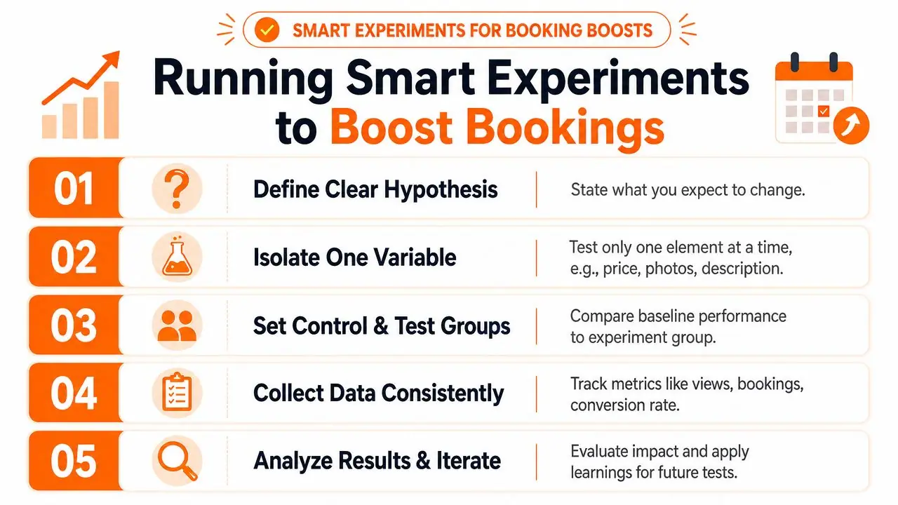A five step guide showing how to run smart experiments to increase bookings for Airbnb hosts.