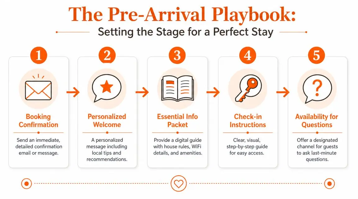 A five-step pre-arrival playbook infographic showing how to set the stage for a perfect guest stay.