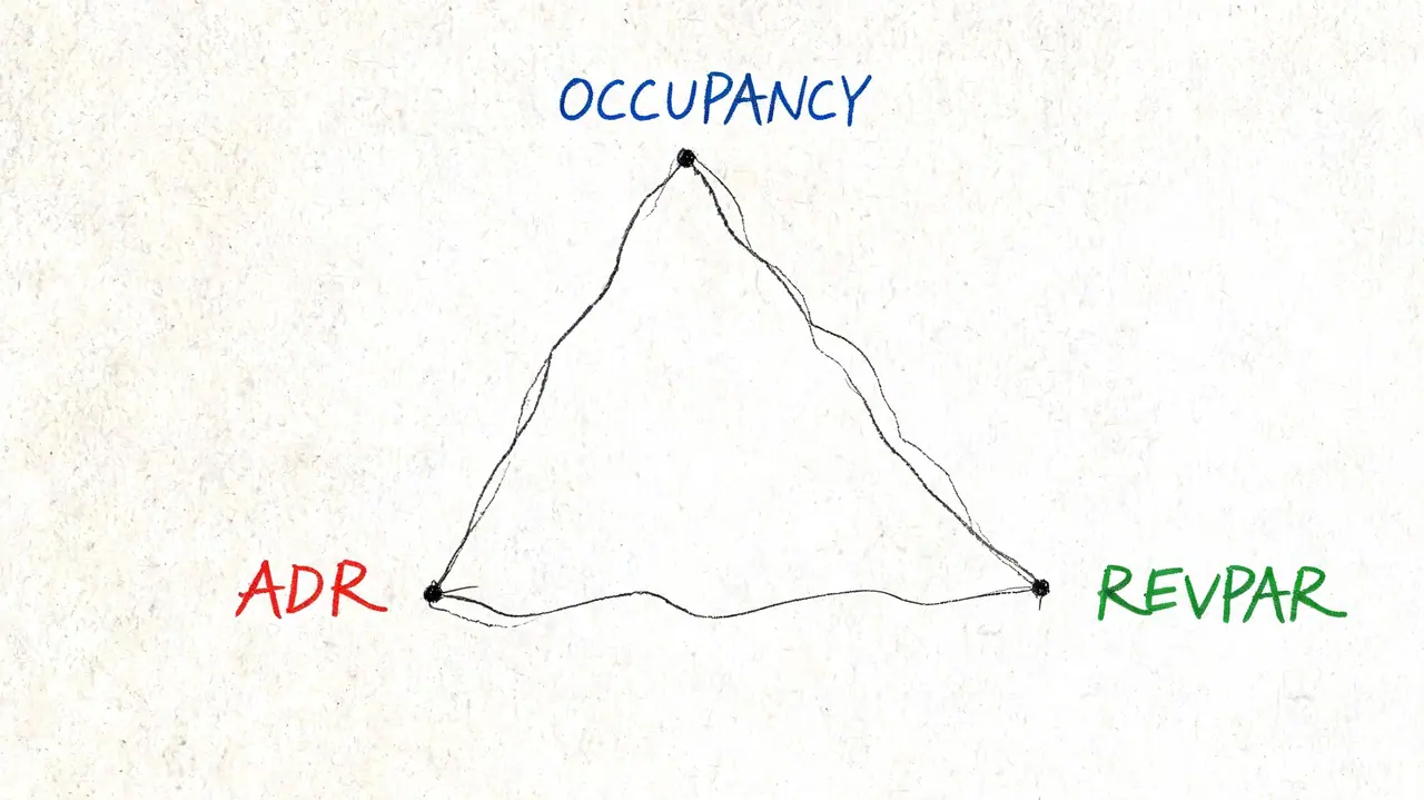 Ein handgezeichnetes Dreiecksdiagramm, das die Beziehung zwischen den Hotelkennzahlen Auslastung, ADR und RevPAR darstellt.