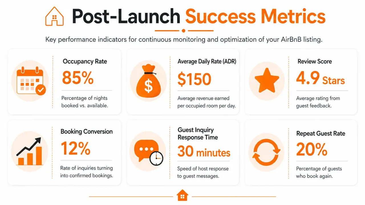 A graphic highlighting key performance indicators for managing and optimizing success for Airbnb listings and property hosts.