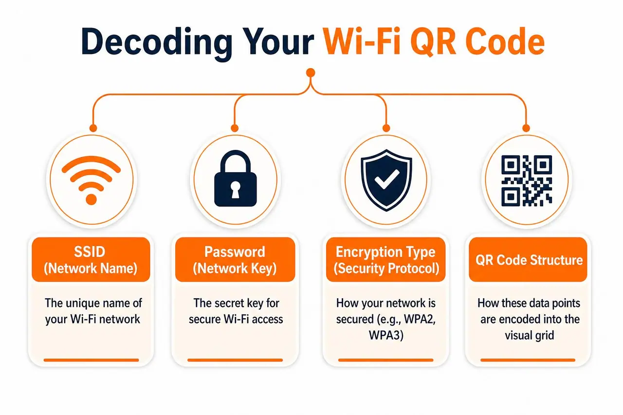 Un'infografica che spiega i quattro componenti chiave incorporati in un codice QR Wi-Fi: SSID, password, tipo di crittografia e struttura.