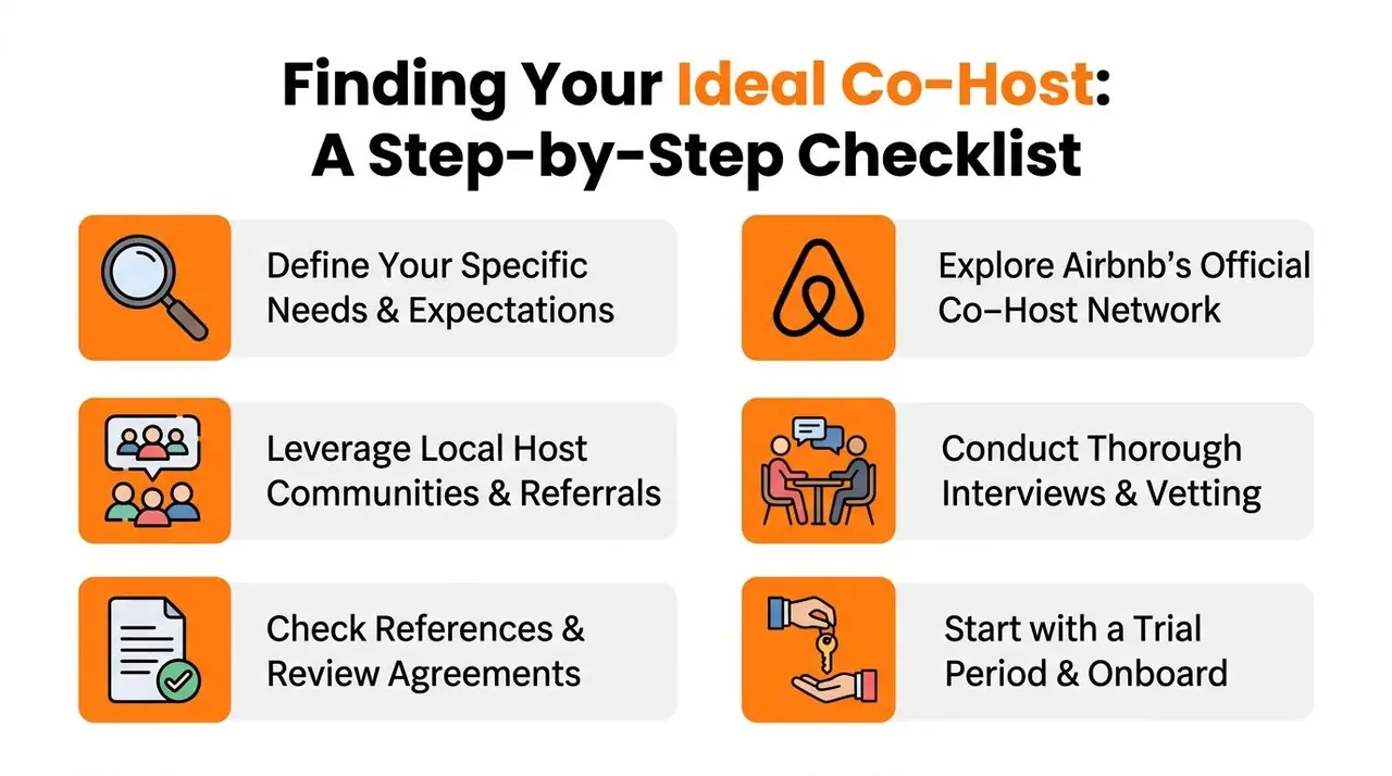 Una lista di controllo in sei passaggi per trovare un co-host Airbnb ideale con icone che rappresentano ogni fase importante del processo.