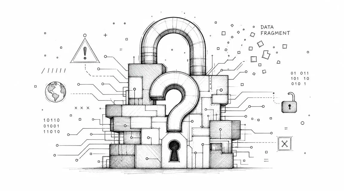 A conceptual sketch showing a large padlock integrated with a question mark symbol surrounded by digital data.