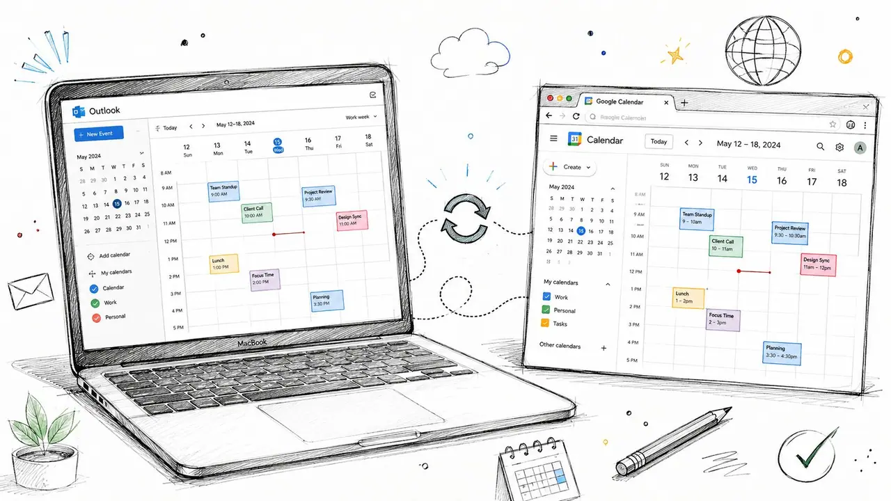 Illustration d'un ordinateur portable avec Outlook et une tablette avec Google Calendar synchronisant des données.