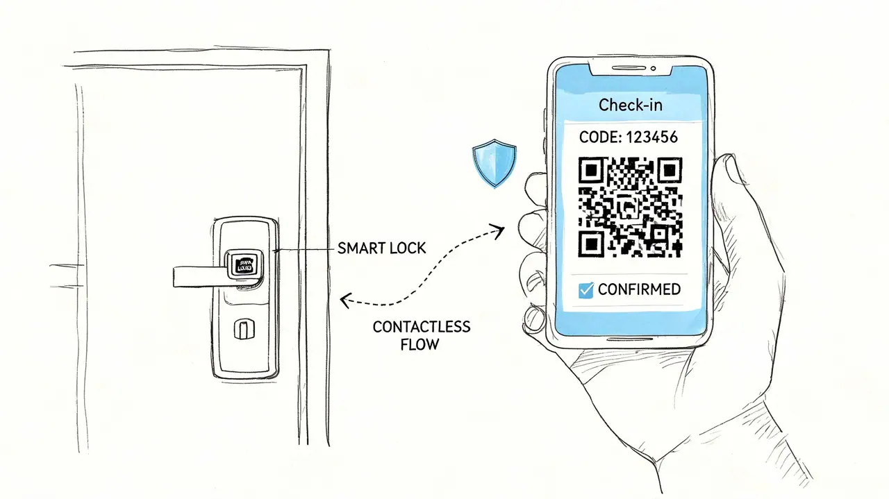 A hand holding a smartphone displaying a QR code for contactless check-in at a smart door lock.