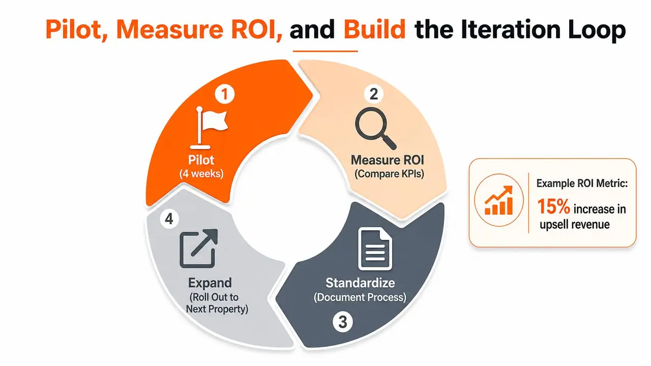 Diagrama circular mostrando um ciclo de iteração de quatro passos para pilotar, medir ROI, padronizar e expandir operações.