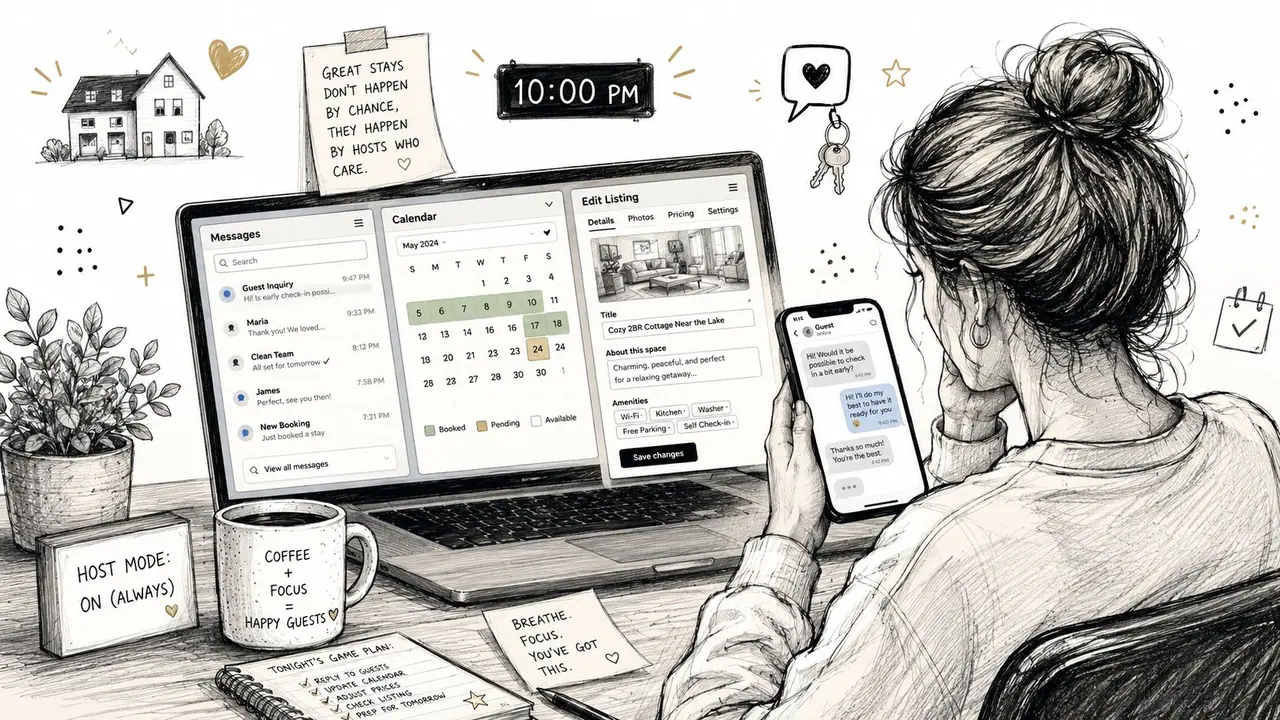 A woman working on her laptop and phone while managing an Airbnb host application dashboard and messaging.