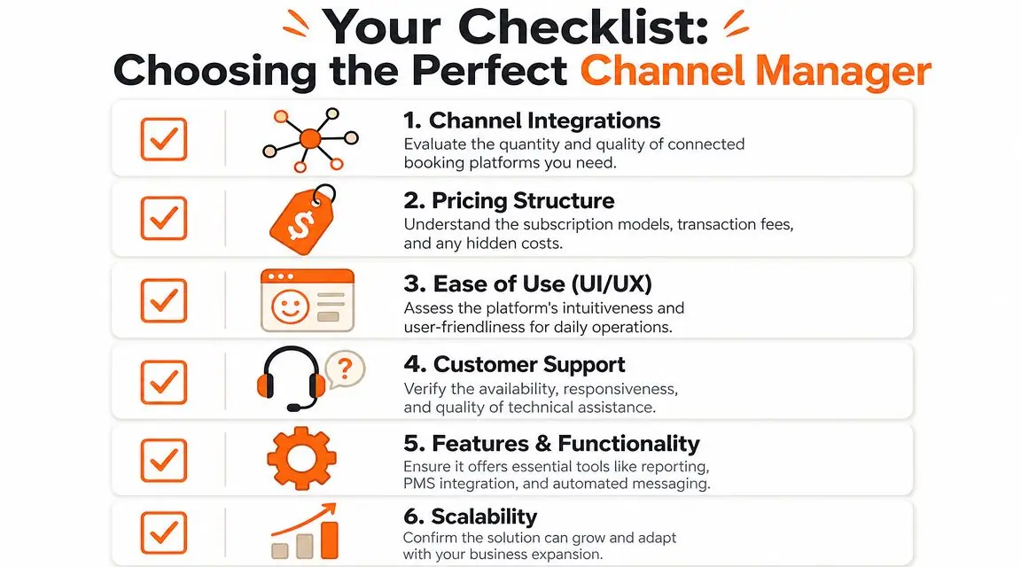 A checklist for choosing a channel manager featuring six essential factors for hotel and booking management.
